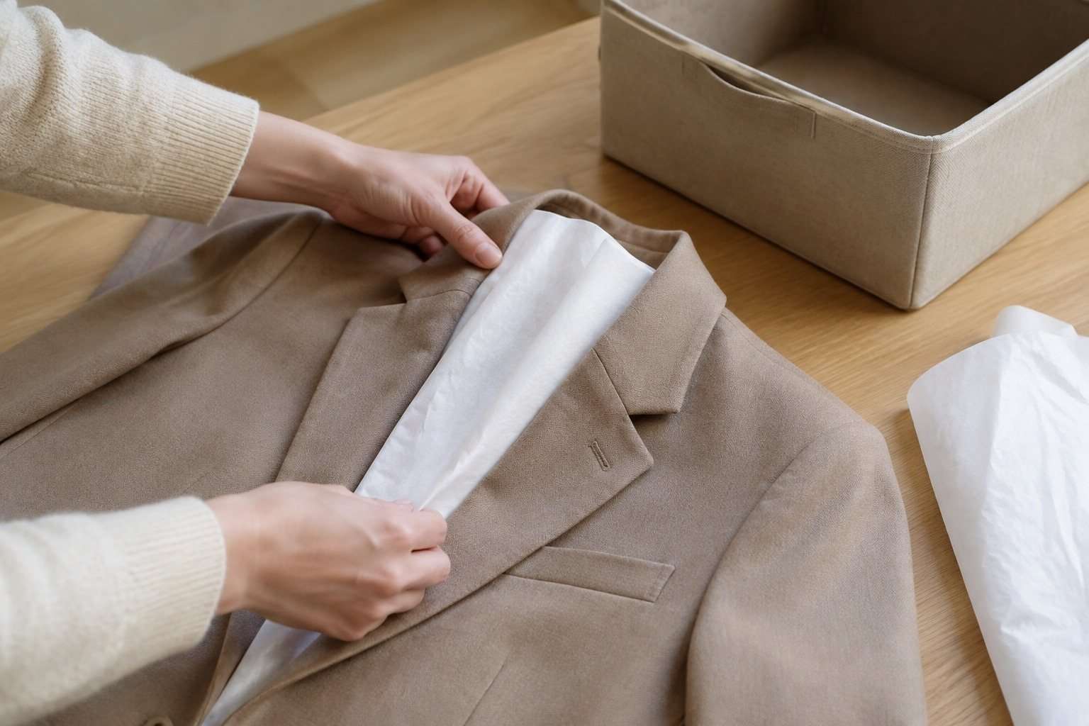 Manos protegiendo las solapas de una americana beige con papel de seda.
