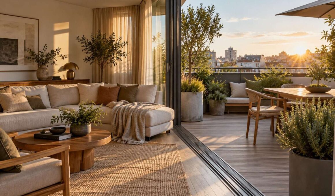 Salón y terraza conectados mediante madera, textiles y plantas