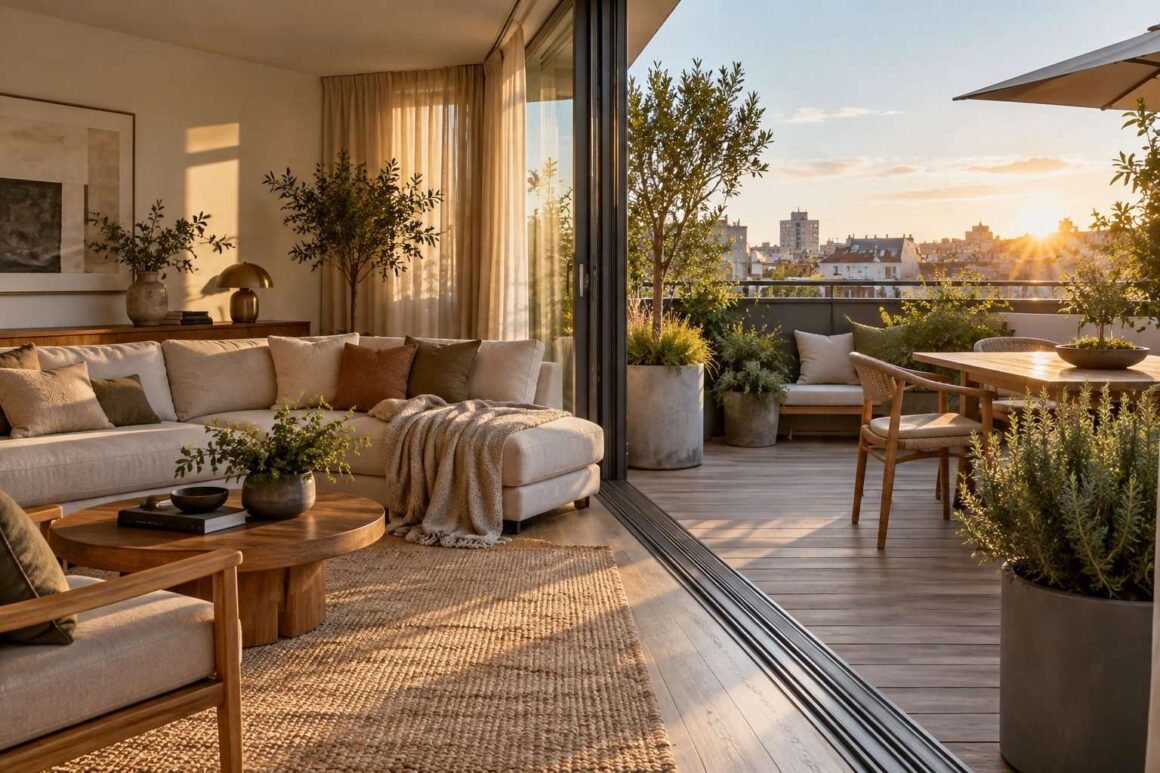 Salón y terraza conectados mediante madera, textiles y plantas