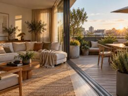 Salón y terraza conectados mediante madera, textiles y plantas