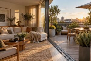 Salón y terraza conectados mediante madera, textiles y plantas