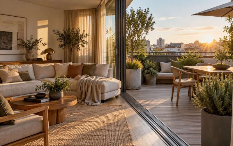 Salón y terraza conectados mediante madera, textiles y plantas