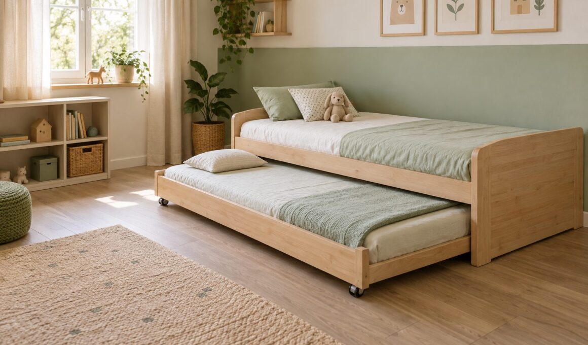 Cama nido infantil de madera clara con la segunda cama extraída, ropa de cama verde suave y una estantería baja junto a la ventana.