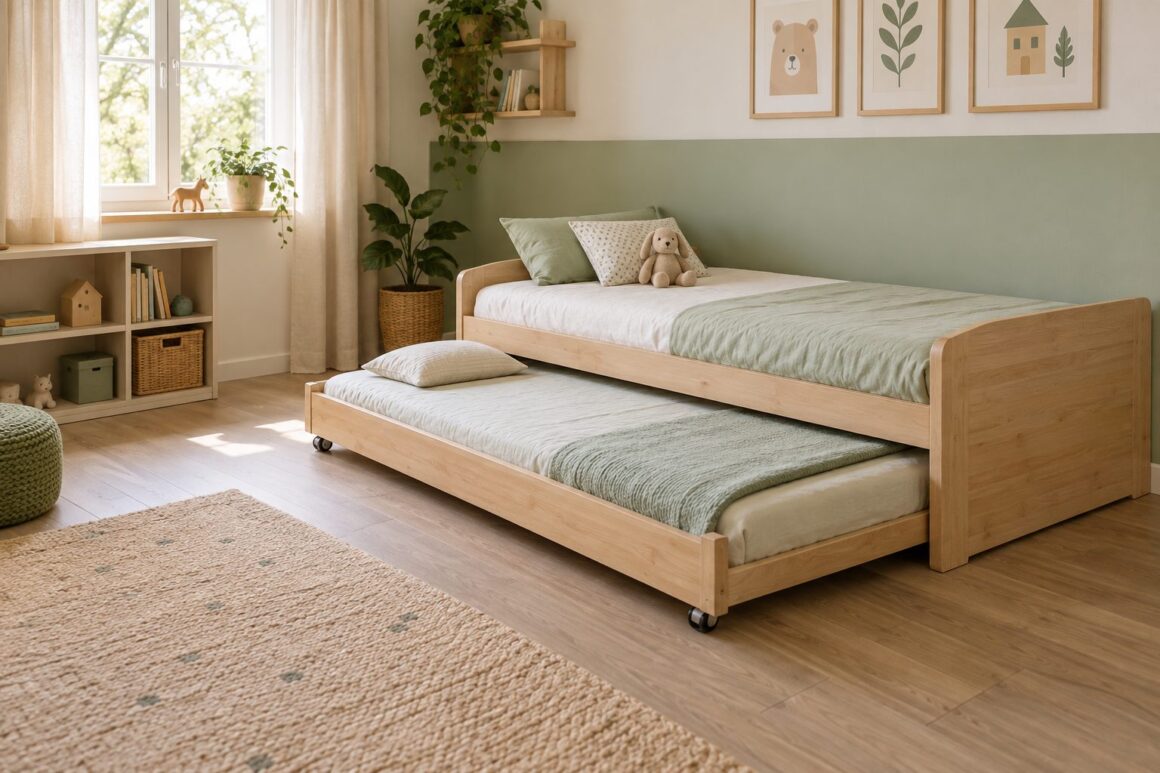 Cama nido infantil de madera clara con la segunda cama extraída, ropa de cama verde suave y una estantería baja junto a la ventana.