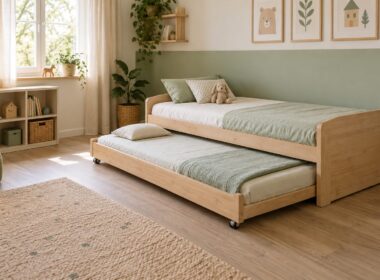 Cama nido infantil de madera clara con la segunda cama extraída, ropa de cama verde suave y una estantería baja junto a la ventana.