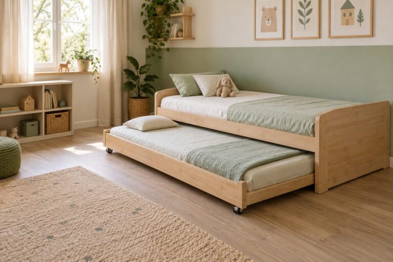 Cama nido infantil de madera clara con la segunda cama extraída, ropa de cama verde suave y una estantería baja junto a la ventana.