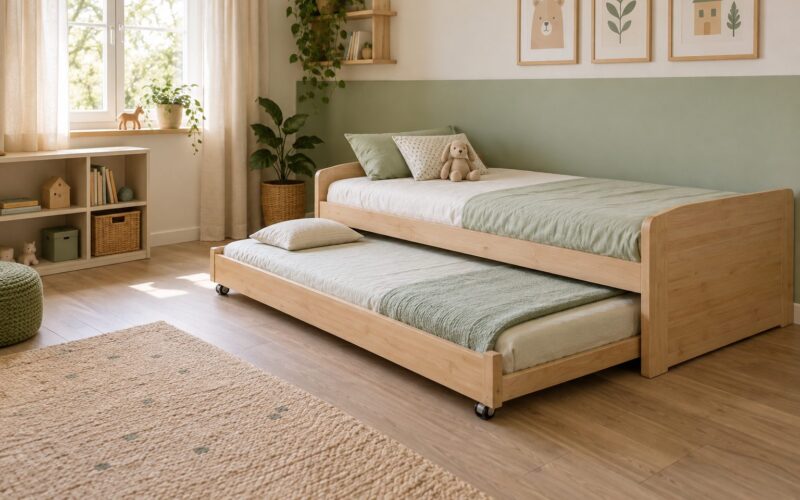Cama nido infantil de madera clara con la segunda cama extraída, ropa de cama verde suave y una estantería baja junto a la ventana.